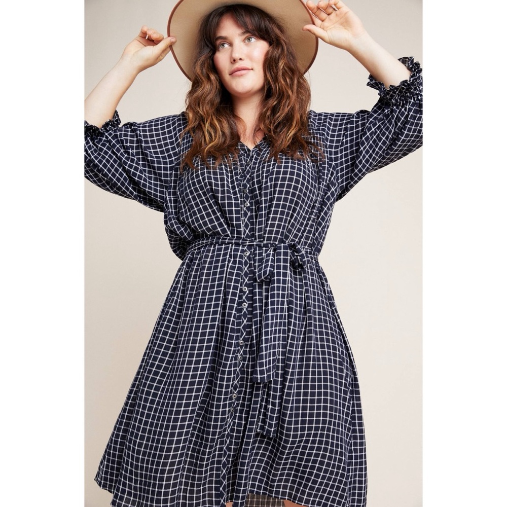 Anthropologie Maeve Sara Smocked Shirt Dress‎ Navy Blue Plaid Button Down XS